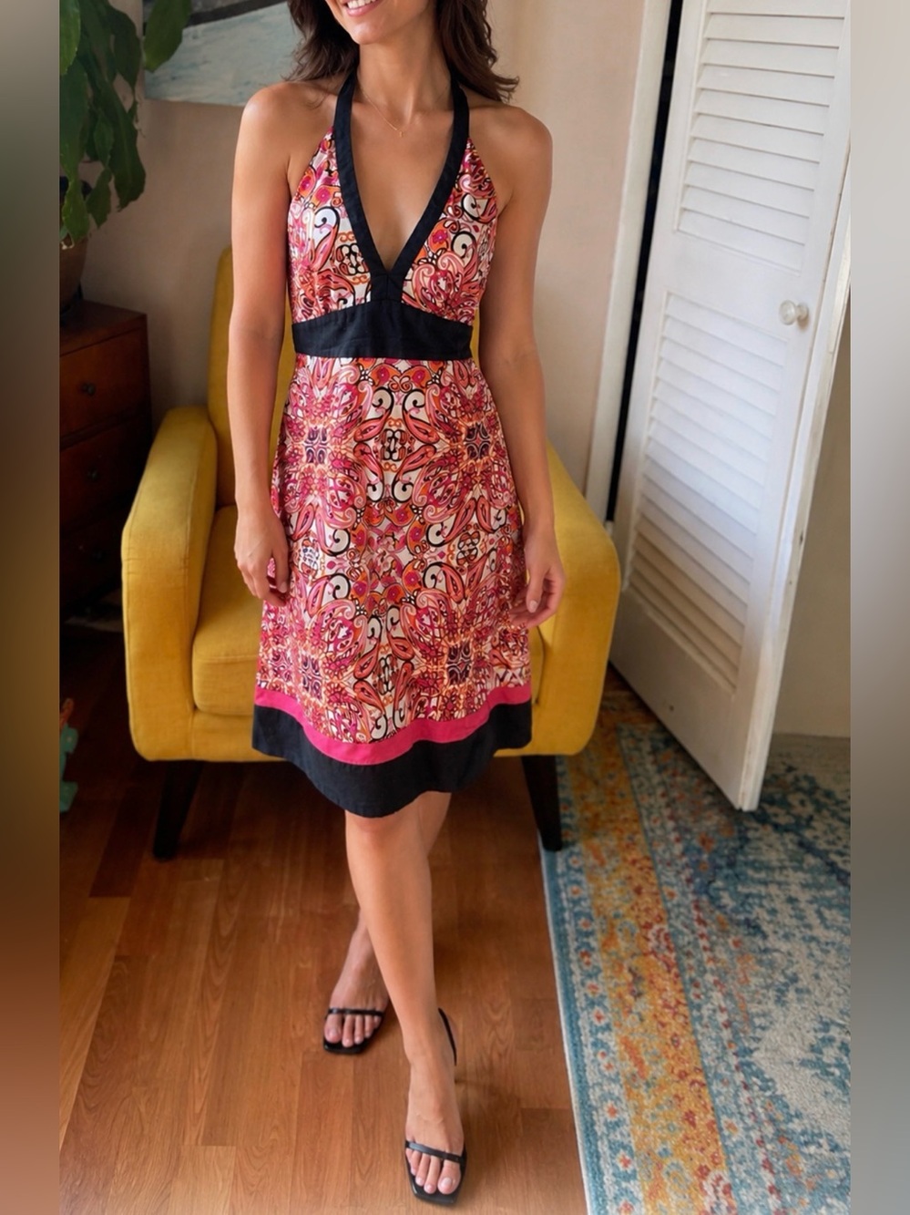 Women’s Pink Paisley Halter Dress with Black Trim